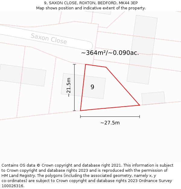 9, SAXON CLOSE, ROXTON, BEDFORD, MK44 3EP: Plot and title map