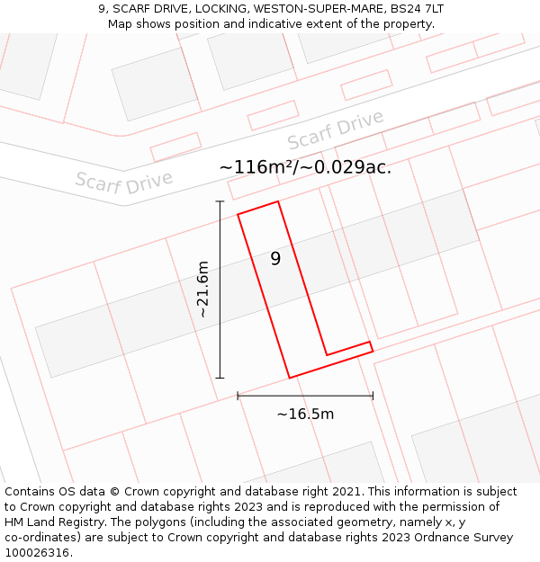 9, SCARF DRIVE, LOCKING, WESTON-SUPER-MARE, BS24 7LT: Plot and title map