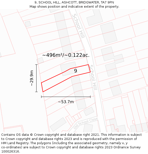 9, SCHOOL HILL, ASHCOTT, BRIDGWATER, TA7 9PN: Plot and title map