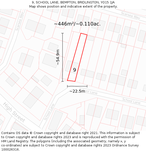 9, SCHOOL LANE, BEMPTON, BRIDLINGTON, YO15 1JA: Plot and title map