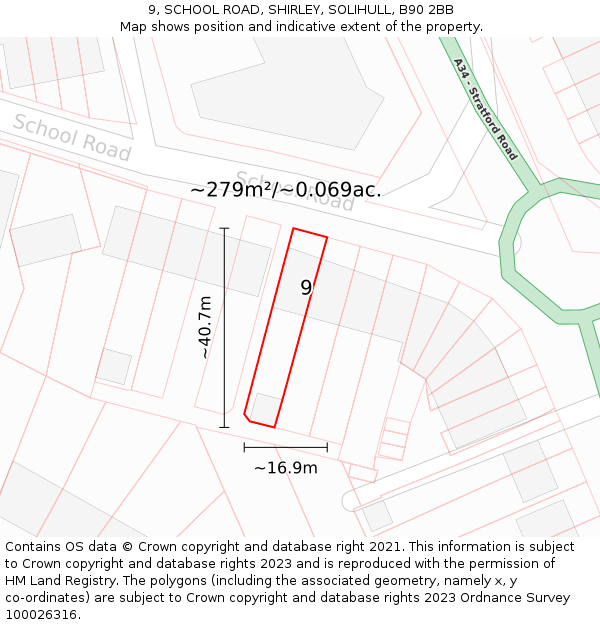 9, SCHOOL ROAD, SHIRLEY, SOLIHULL, B90 2BB: Plot and title map