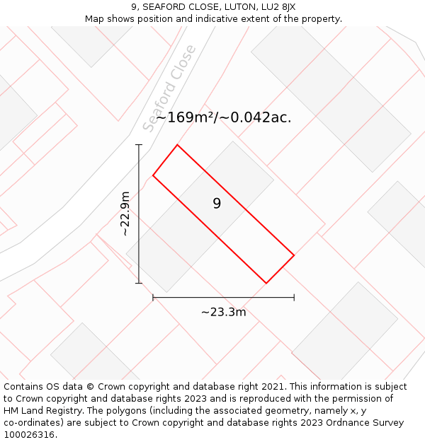 9, SEAFORD CLOSE, LUTON, LU2 8JX: Plot and title map