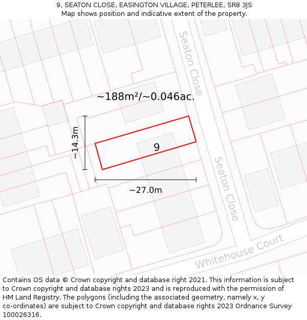 9, SEATON CLOSE, EASINGTON VILLAGE, PETERLEE, SR8 3JS: Plot and title map