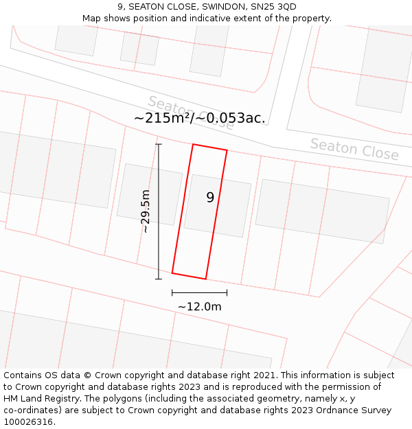 9, SEATON CLOSE, SWINDON, SN25 3QD: Plot and title map