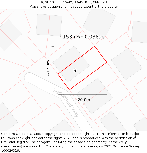 9, SEDGEFIELD WAY, BRAINTREE, CM7 1XB: Plot and title map