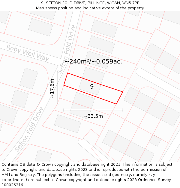 9, SEFTON FOLD DRIVE, BILLINGE, WIGAN, WN5 7PR: Plot and title map