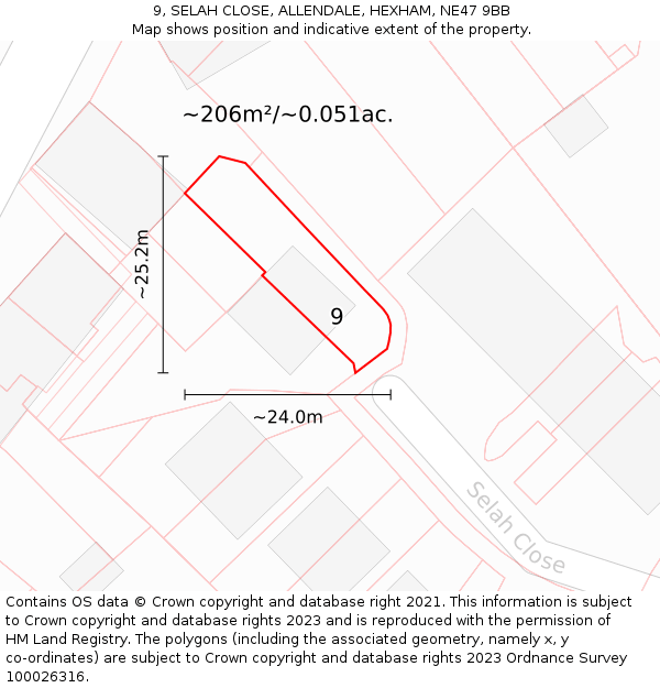9, SELAH CLOSE, ALLENDALE, HEXHAM, NE47 9BB: Plot and title map