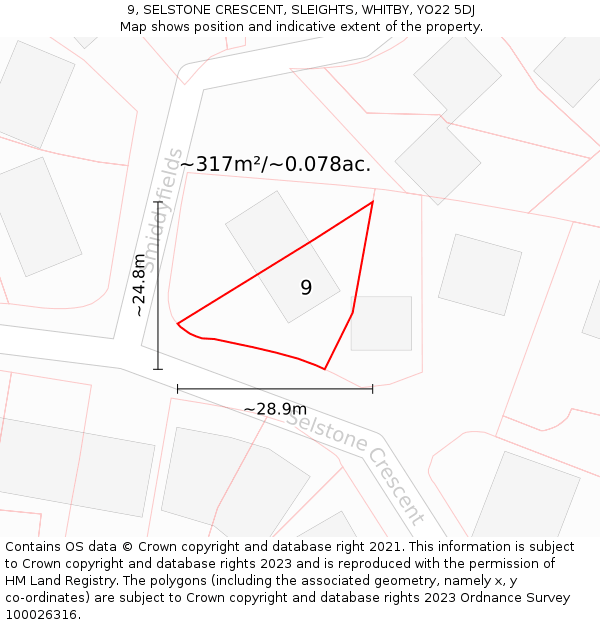 9, SELSTONE CRESCENT, SLEIGHTS, WHITBY, YO22 5DJ: Plot and title map