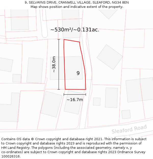 9, SELVAYNS DRIVE, CRANWELL VILLAGE, SLEAFORD, NG34 8EN: Plot and title map