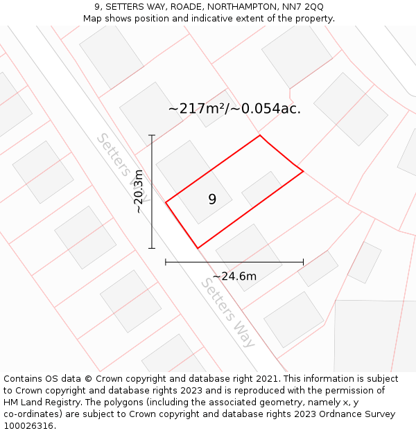 9, SETTERS WAY, ROADE, NORTHAMPTON, NN7 2QQ: Plot and title map