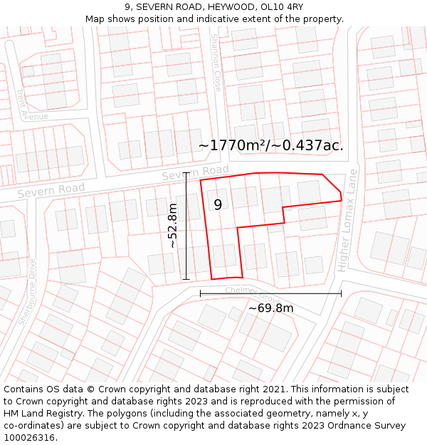 9, SEVERN ROAD, HEYWOOD, OL10 4RY: Plot and title map
