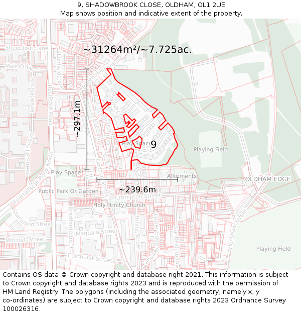 9, SHADOWBROOK CLOSE, OLDHAM, OL1 2UE: Plot and title map