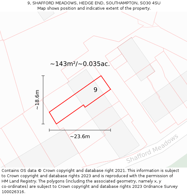 9, SHAFFORD MEADOWS, HEDGE END, SOUTHAMPTON, SO30 4SU: Plot and title map