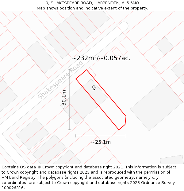 9, SHAKESPEARE ROAD, HARPENDEN, AL5 5NQ: Plot and title map