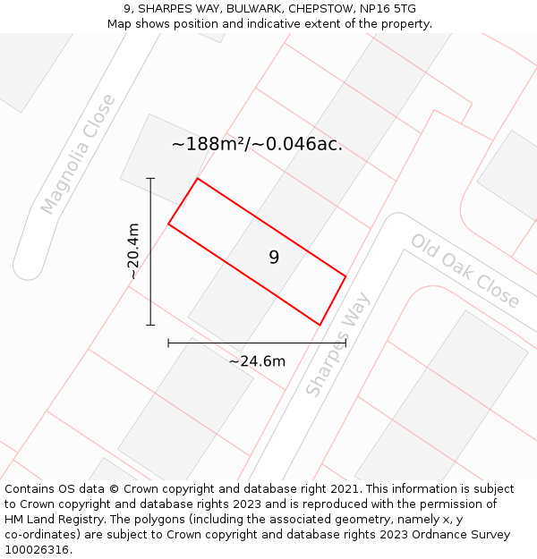 9, SHARPES WAY, BULWARK, CHEPSTOW, NP16 5TG: Plot and title map