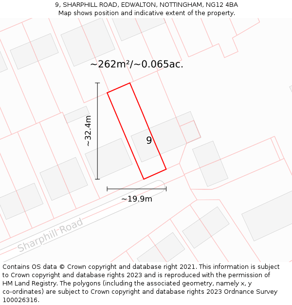 9, SHARPHILL ROAD, EDWALTON, NOTTINGHAM, NG12 4BA: Plot and title map