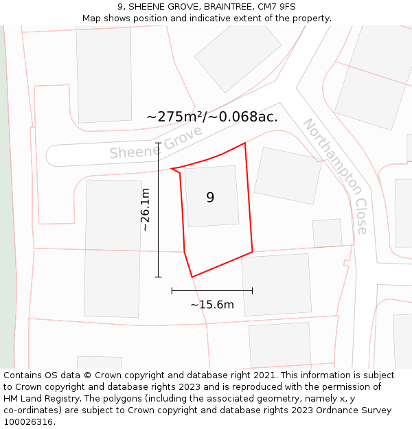 9, SHEENE GROVE, BRAINTREE, CM7 9FS: Plot and title map