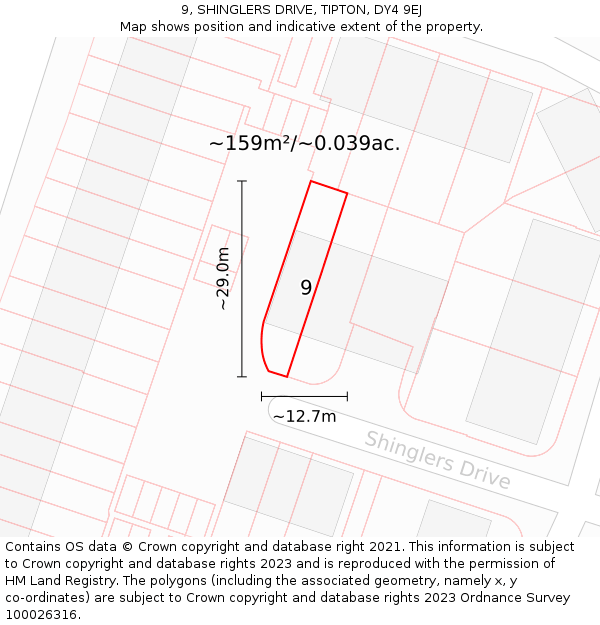 9, SHINGLERS DRIVE, TIPTON, DY4 9EJ: Plot and title map