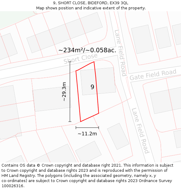 9, SHORT CLOSE, BIDEFORD, EX39 3QL: Plot and title map