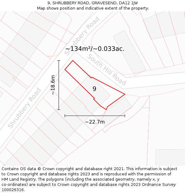 9, SHRUBBERY ROAD, GRAVESEND, DA12 1JW: Plot and title map
