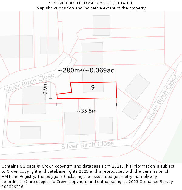 9, SILVER BIRCH CLOSE, CARDIFF, CF14 1EL: Plot and title map