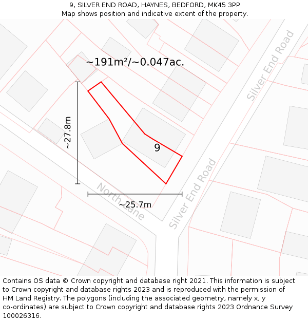 9, SILVER END ROAD, HAYNES, BEDFORD, MK45 3PP: Plot and title map