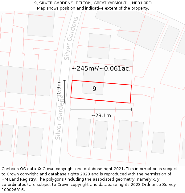 9, SILVER GARDENS, BELTON, GREAT YARMOUTH, NR31 9PD: Plot and title map