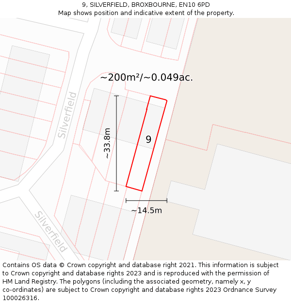 9, SILVERFIELD, BROXBOURNE, EN10 6PD: Plot and title map