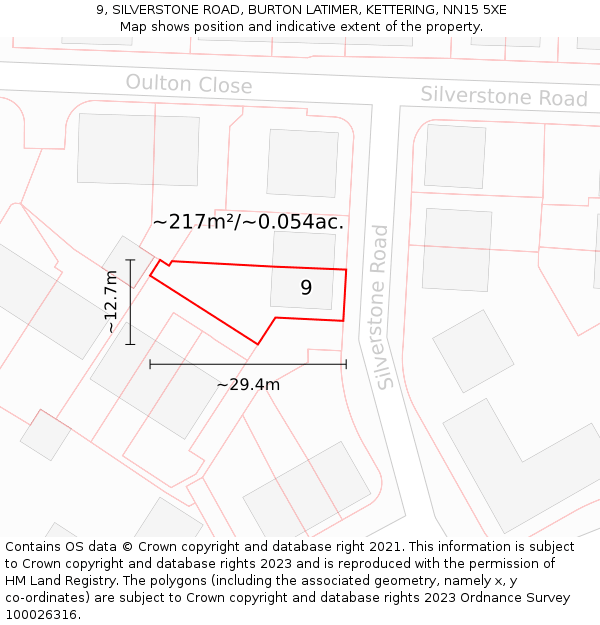 9, SILVERSTONE ROAD, BURTON LATIMER, KETTERING, NN15 5XE: Plot and title map