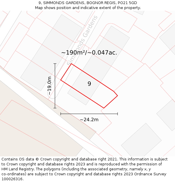 9, SIMMONDS GARDENS, BOGNOR REGIS, PO21 5GD: Plot and title map