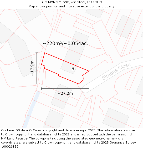 9, SIMONS CLOSE, WIGSTON, LE18 3UD: Plot and title map