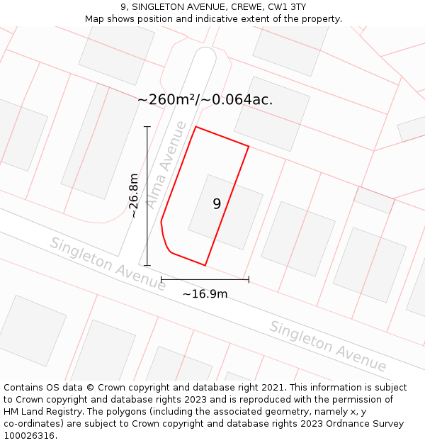 9, SINGLETON AVENUE, CREWE, CW1 3TY: Plot and title map