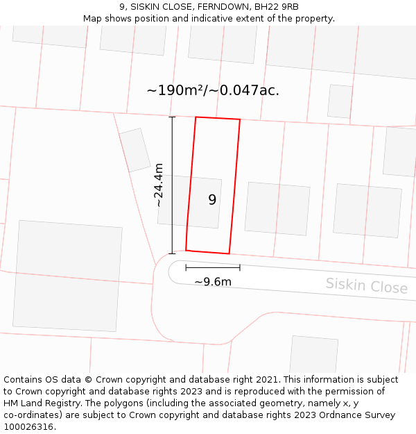 9, SISKIN CLOSE, FERNDOWN, BH22 9RB: Plot and title map