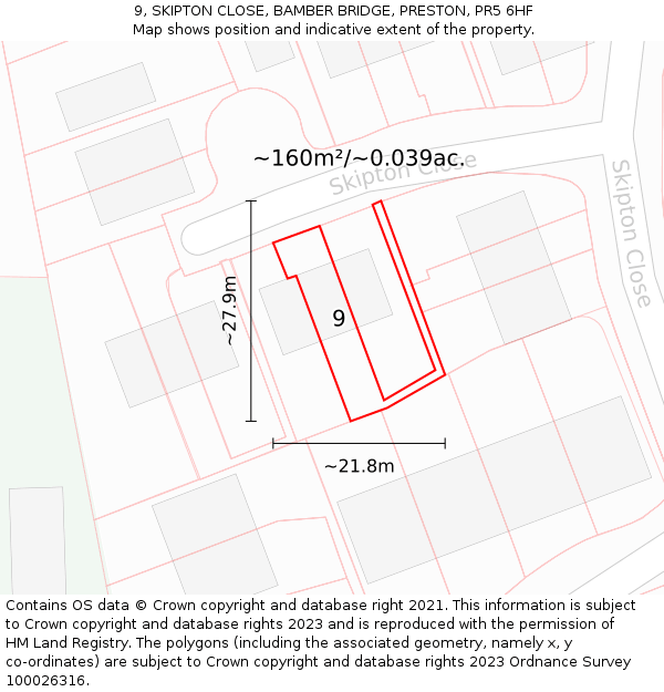 9, SKIPTON CLOSE, BAMBER BRIDGE, PRESTON, PR5 6HF: Plot and title map