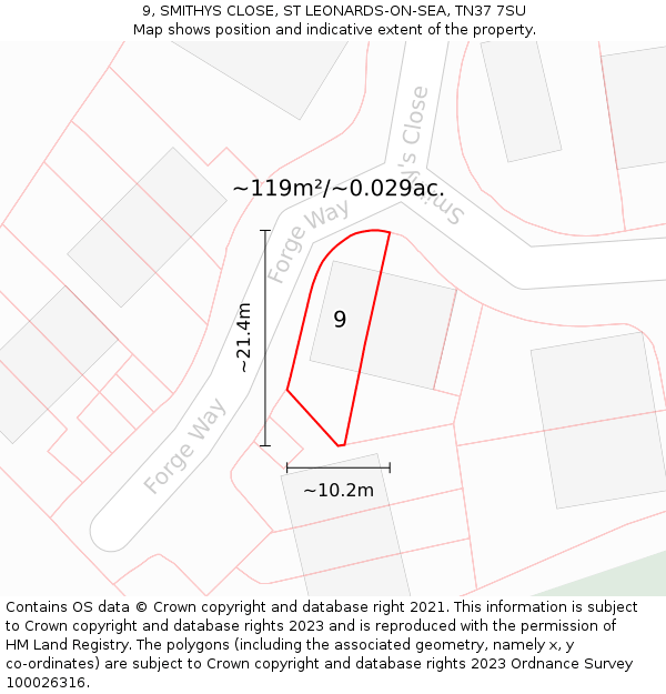9, SMITHYS CLOSE, ST LEONARDS-ON-SEA, TN37 7SU: Plot and title map