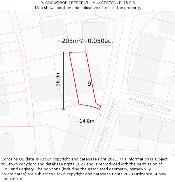9, SNOWDROP CRESCENT, LAUNCESTON, PL15 9JS: Plot and title map