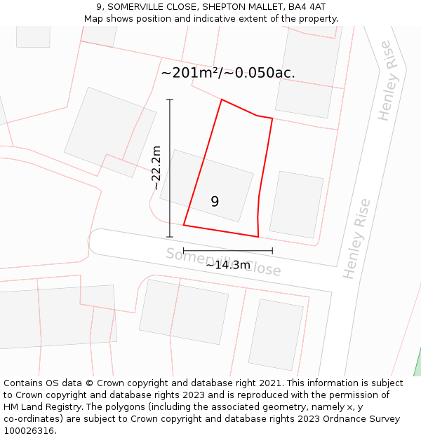 9, SOMERVILLE CLOSE, SHEPTON MALLET, BA4 4AT: Plot and title map