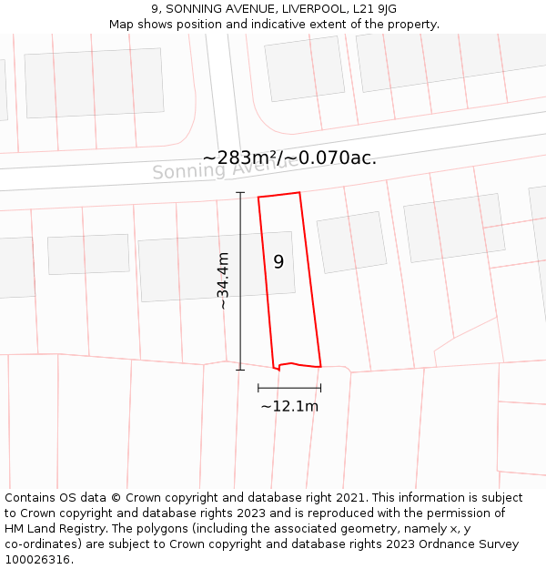 9, SONNING AVENUE, LIVERPOOL, L21 9JG: Plot and title map