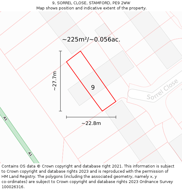 9, SORREL CLOSE, STAMFORD, PE9 2WW: Plot and title map