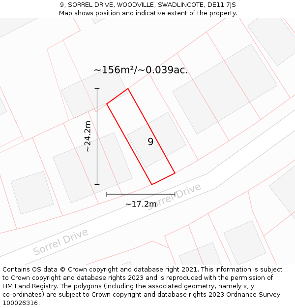 9, SORREL DRIVE, WOODVILLE, SWADLINCOTE, DE11 7JS: Plot and title map