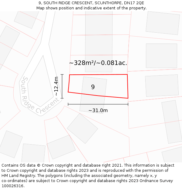 9, SOUTH RIDGE CRESCENT, SCUNTHORPE, DN17 2QE: Plot and title map
