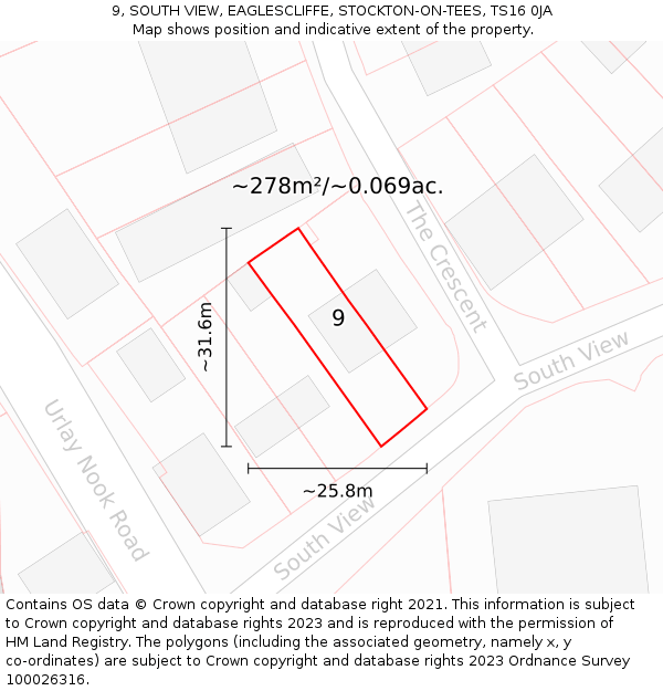 9, SOUTH VIEW, EAGLESCLIFFE, STOCKTON-ON-TEES, TS16 0JA: Plot and title map