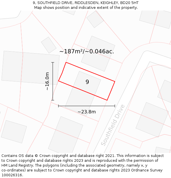 9, SOUTHFIELD DRIVE, RIDDLESDEN, KEIGHLEY, BD20 5HT: Plot and title map
