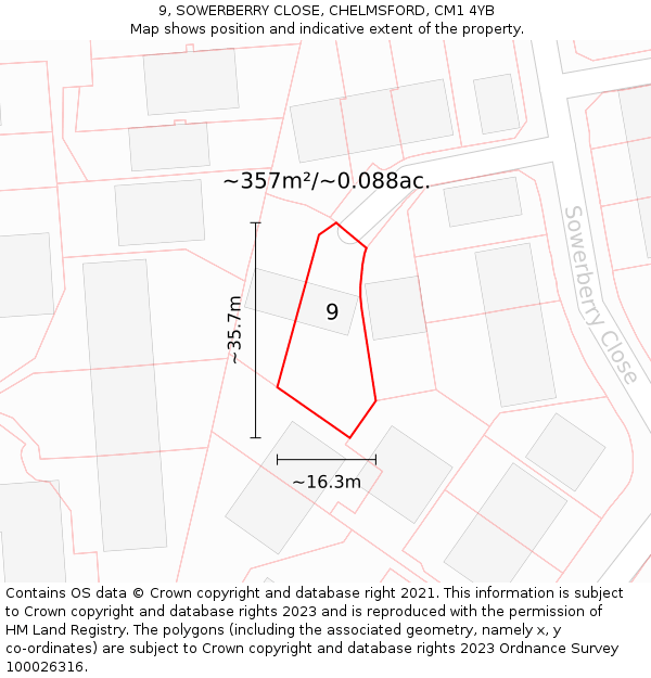 9, SOWERBERRY CLOSE, CHELMSFORD, CM1 4YB: Plot and title map