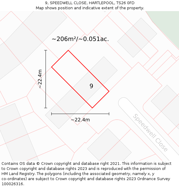 9, SPEEDWELL CLOSE, HARTLEPOOL, TS26 0FD: Plot and title map
