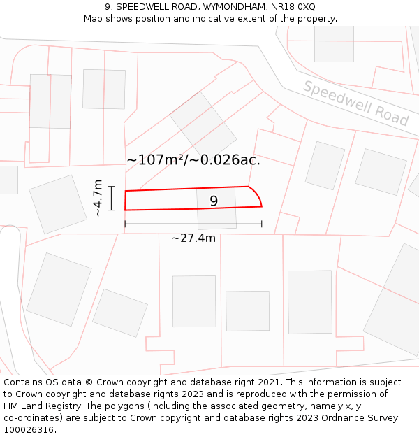 9, SPEEDWELL ROAD, WYMONDHAM, NR18 0XQ: Plot and title map