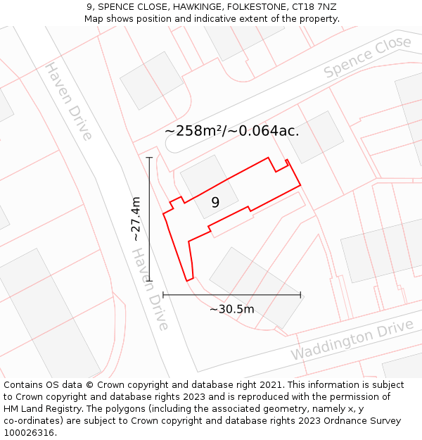 9, SPENCE CLOSE, HAWKINGE, FOLKESTONE, CT18 7NZ: Plot and title map