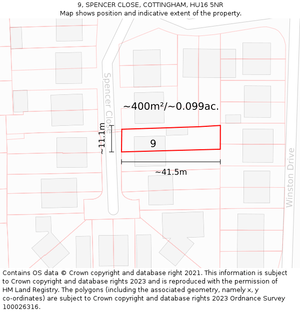 9, SPENCER CLOSE, COTTINGHAM, HU16 5NR: Plot and title map
