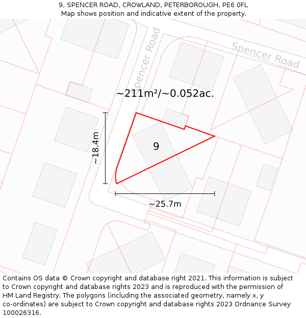 9, SPENCER ROAD, CROWLAND, PETERBOROUGH, PE6 0FL: Plot and title map