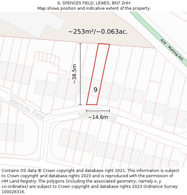 9, SPENCES FIELD, LEWES, BN7 2HH: Plot and title map